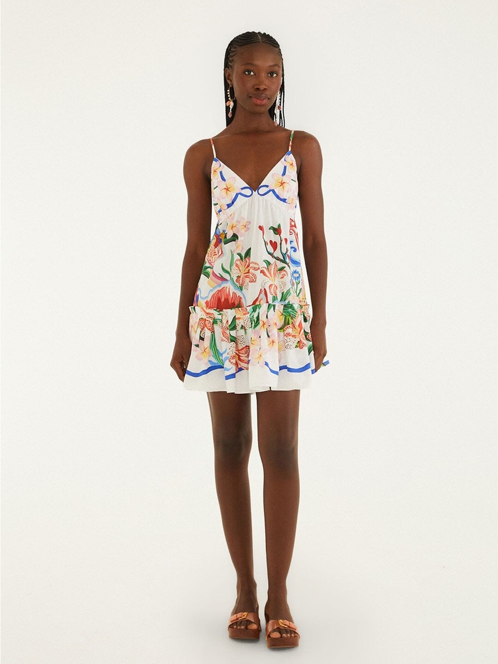 FARM Rio White Floral Spaghetti-Strap Mini Dress with Multicolor Print